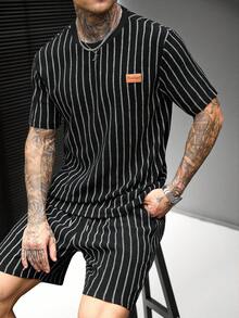 SLATEMANN 男士字母印花條紋短袖T恤與短褲休閒套裝 - 黑色 - 查看 1
