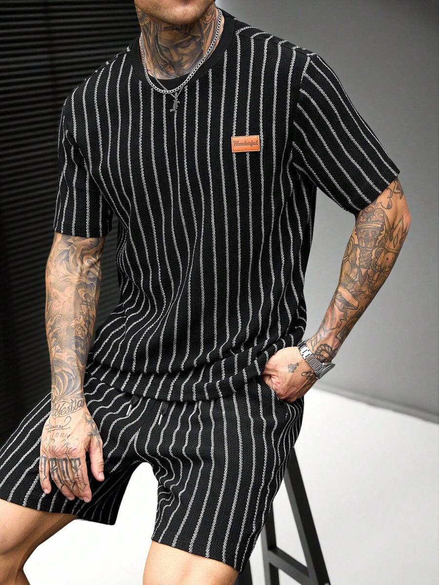 SLATEMANN 男士字母印花條紋短袖T恤與短褲休閒套裝 - 黑色 - 查看 1