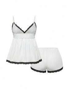 ROMWE Ribbed Lace Trim Camisole & Shorts Casual Pajama Set - Black and White - View 2