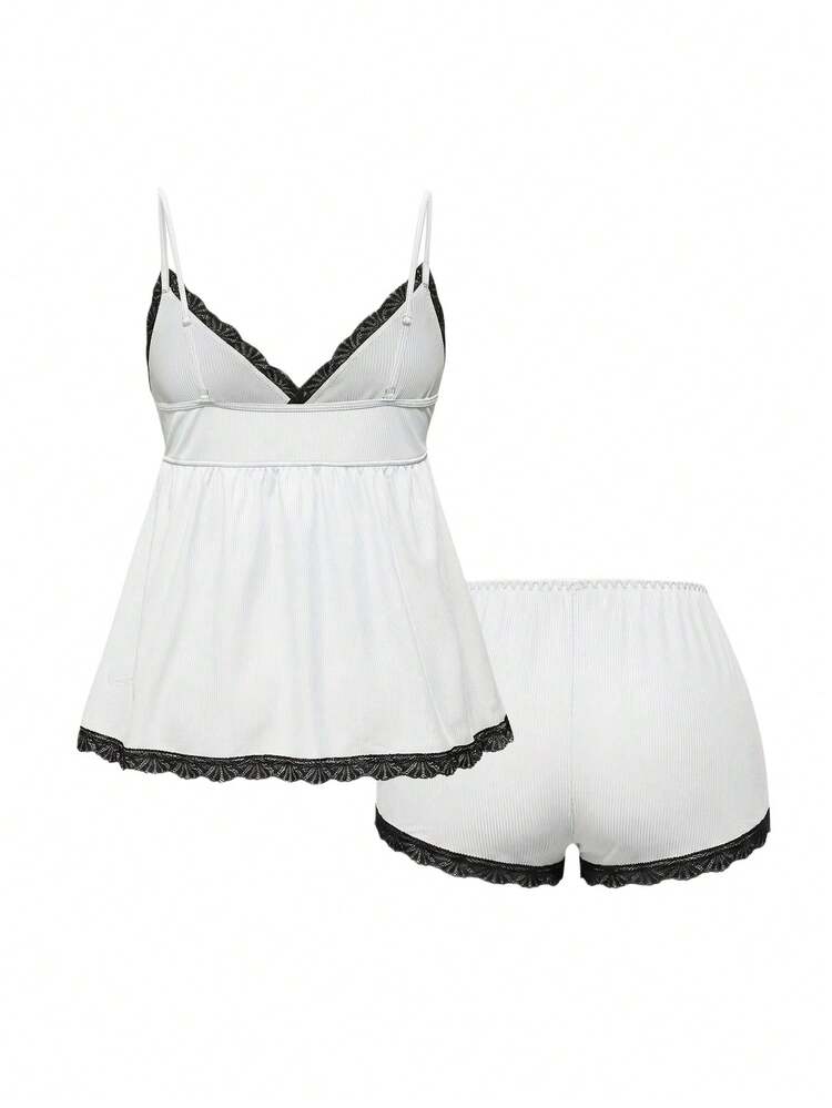 ROMWE Ribbed Lace Trim Camisole & Shorts Casual Pajama Set - Black and White - View 2