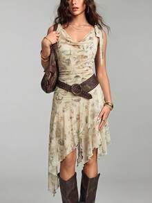 Sweetness Pastoral Blumen Sexy Cottage Core Fee Trägerkleid mit asymmetrischem Saum, mittellanges Kleid für Frauen Gartenparty Tee Beige Sommer - Verschiedenfarbig - Übersicht 5
