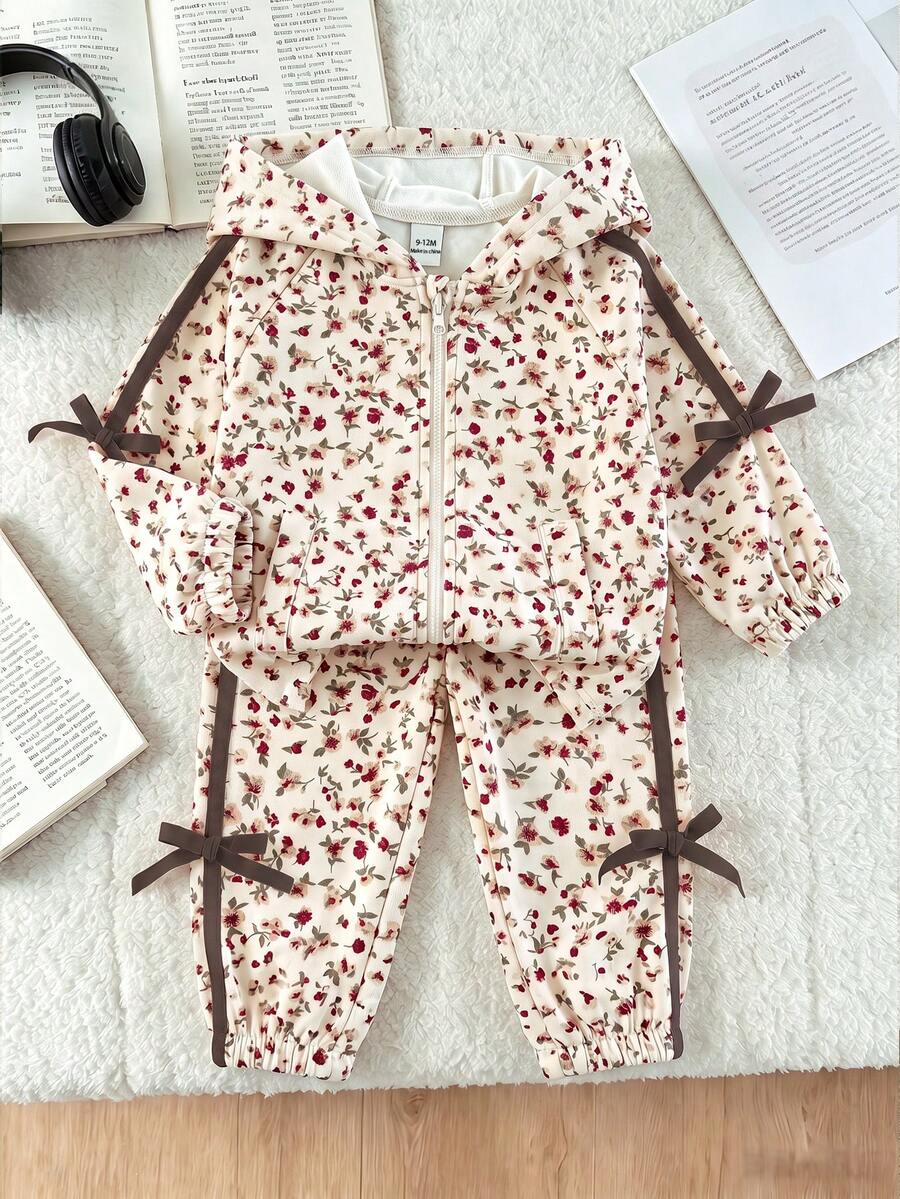 SHEIN 2件組幼女連帽外套褲套裝,甜美可愛米色花卉蝴蝶結側條紋長袖連帽常規款,秋季公主風舒適慢跑修飾裝 - 彩色 - 查看 1