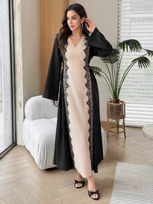 Al Najma 女款春秋阿拉伯風拼接色蕾絲飾邊長版長袍洋裝 V領繫腰長袖,適合宴會派對 - 黑色 - 查看 6