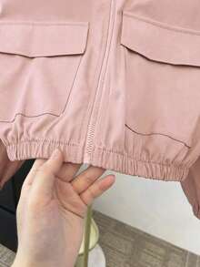 SHEIN 青少年女孩編織純色粉色貼袋短版寬鬆休閒連帽外套，返校休閒外套 - 藕粉色 - 查看 4