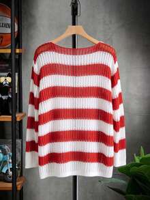 Manfinity Chillmode Men's Plus Size Red And White Striped Crew Neck Long Sleeve Hollow Out Loose Knit Sweater Birthday Vacation Autumn Street Date Night Beach 90s - Multicolor - View 2