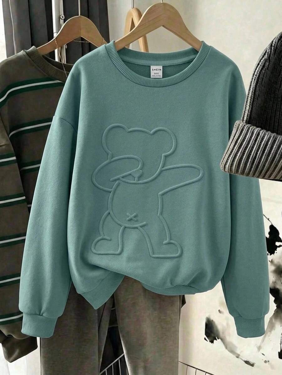 SHEIN Tween Girl Cartoon Embossed Drop Shoulder Sweatshirt,In Fall/Winter - Cadet Blue - View 1