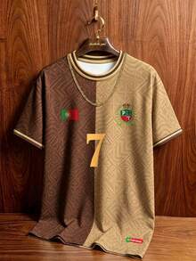 Manfinity Campus Court American Vintage Portugal Team Style Red & Green Color Block Dark Pattern Badge & Letter Print Short Sleeve Jersey Top, Street Casual Round Neck Half Sleeve Shirt, Men's & Women's Graphic T-Shirt, Men's Summer Fashion Travel Sports Shirt, Football, Football Supplies - Multicolor - View 1