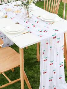 透明櫻桃刺繡桌旗，白色薄紗水果桌飾，適用夏季派對、婚禮、生日、嬰兒洗禮、廚房、餐廳、居家桌面裝飾 - 多色 - 查看 6