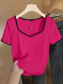 GlowEve CURVE Plus Size Casual Elastic Short Sleeve Contrast Color T-Shirt, Suitable For Spring/Summer Commute And Daily Wear - Multicolor - View 3