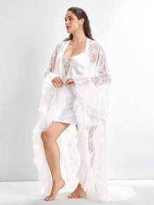 Slumbrini Áo choàng dài ren mỏng chắp vá 3D sang trọng cỡ lớn/Đồ ngủ, Kỳ nghỉ - trắng - Xem 4