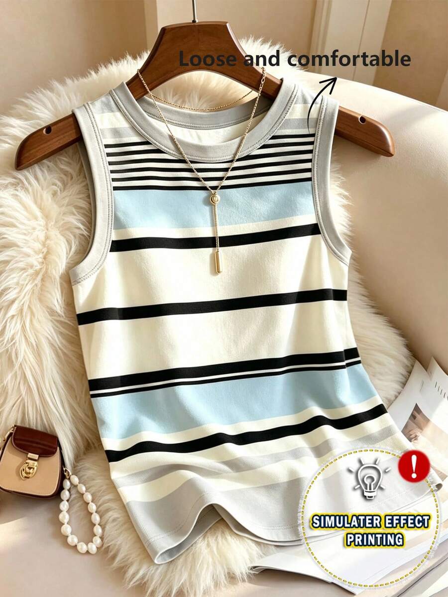 Franclia Women's Asymmetrical Striped Crew Neck Casual Tank Top - Multicolor - View 1