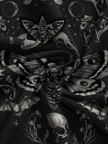 ROMWE Goth 暗黑哥德風月亮太陽星星蛾子森林植物圖案印花黑色女款短袖T恤 - 黑色 - 查看 4