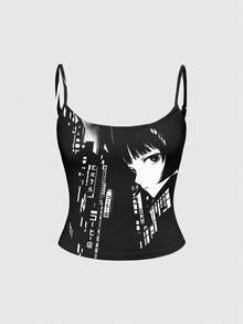 ROMWE Dark Anime Horror Cute Girl Hot Girl Pattern Print Spaghetti Strap Tank Top For Women - Black - View 1