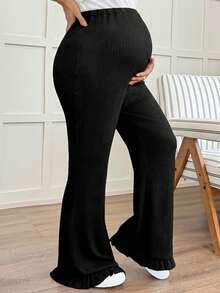 Dazy Maternity 可调节腰围灯芯绒喇叭裤，休闲孕妇裤 - 黑色 - 查看 4