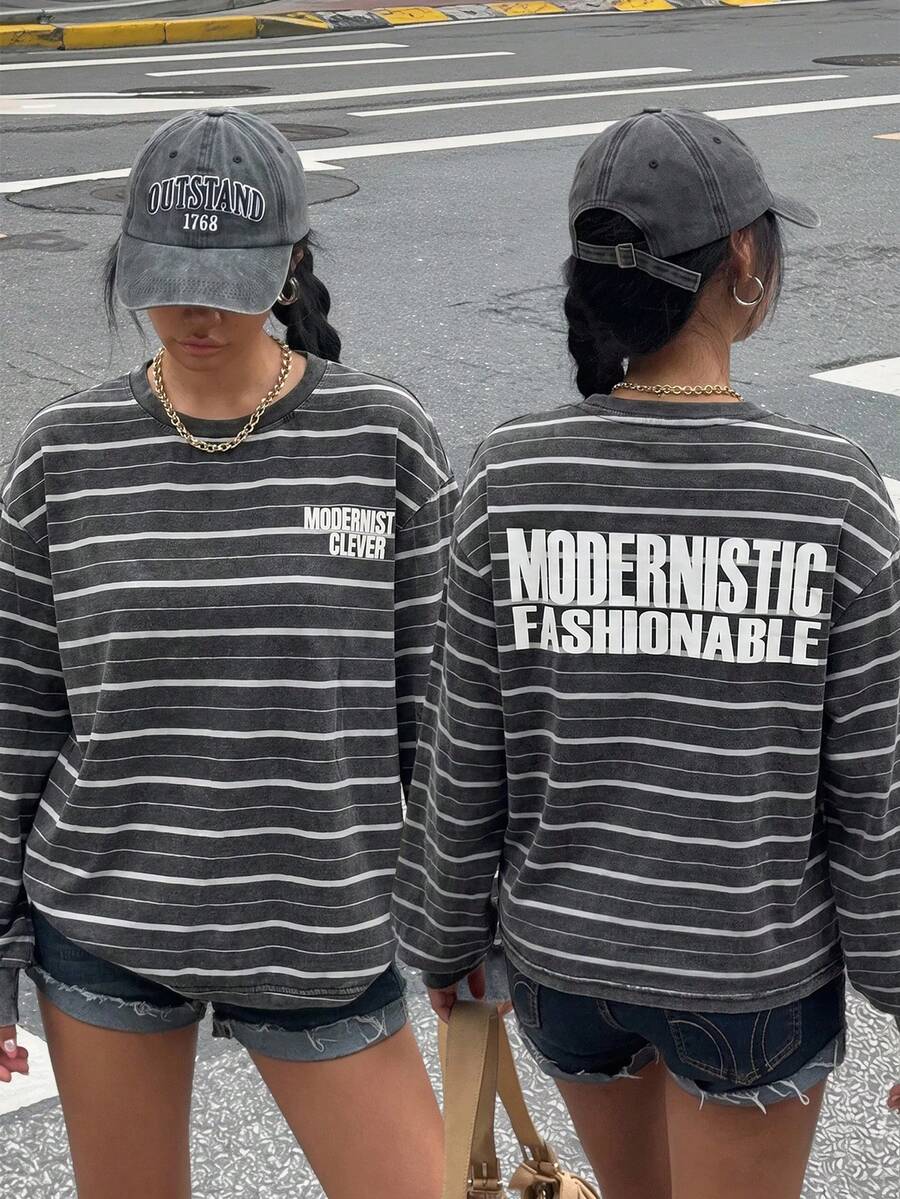 Muchica Sweatshirt Fleece Kasual Wanita Motif Garis-Garis dan Huruf Motif Kepingan Salju untuk Sehari-hari - Hitam - View 1