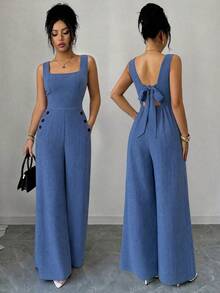 Elenzga Women's Business Square Neck Button Pocket Loose Casual Jumpsuit - Navy Blue - View 1