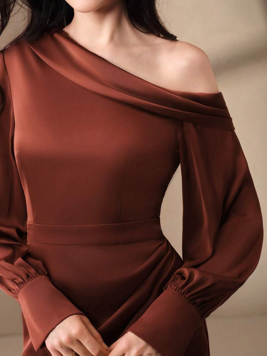 Anewsta New Elegant Women's Asymmetrical Shoulder Pleated Design High-End Commuter Fashion Dress - Redwood - View 1
