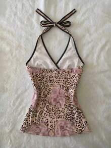 IslaSuriya Tank Top Wanita Motif Leopard, Bunga Cashew, Leher Halter, Tali Belakang - MultiWarna - View 2