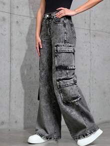 SHEIN 青少年女孩 Y2K 90年代秋季街頭斜口袋純色水洗直筒牛仔褲，Treet 風格口袋設計，柔軟優雅休閒直筒工裝牛仔褲，適合通勤、運動、年輕時尚、返校穿著，工裝褲 - 黑色 - 查看 4