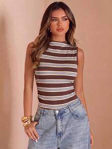 SHEIN BAE Women's Autumn Ruched Mock Neck Sleeveless Fitted Bodysuit - Multicolor - View 6