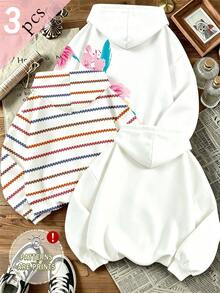 (3 Pcs) Tween Girls' Fresh Fashion Colorful Spray-Painted Floral Striped Small Flower Patchwork Heart-Shaped Pattern Basic Sweatshirt - Multicolor - View 2