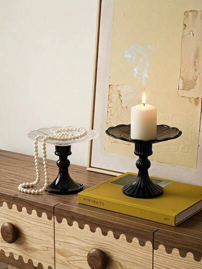 Cirelle Retro Embossed Goblet Candle Holder, Vintage Pedestal Tray With Ornate Fluted Base, Lace Textured Glass & Black Glossy Finish Options, Dual-Use As Candle Stand & Jewelry Display, Elegant Home Decor For Dining Table Centerpiece, Fireplace Mantel, Bedroom Vanity, Wedding & Party Styling, Thoughtful Gift For Family And Friends For Housewarming, Anniversary, Dinner Parties & Cozy Evenings