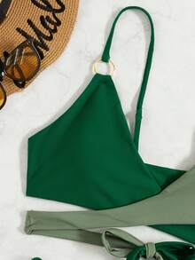 Swim Vcay Summer Beach Color Block Bikini Set Criss Cross Wrap Bra & Cheeky Bottom 2 Piece Bathing Suit - Green - View 6