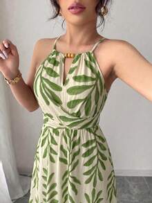 Elenzga 女款春夏杏色優雅休閒珠飾設計無袖修身貼身洋裝 - 綠色 - 查看 4