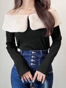 FRIFUL 女款拼色拼接毛絨露肩長袖羅紋T恤，黑色，秋冬優雅可愛晚餐約會上衣 - 黑色 - 查看 4