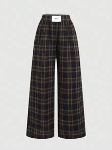 SHEIN 兒童青少年女孩秋冬格紋寬腿中腰百搭簡約舒適長褲 - 藕粉色 - 查看 5