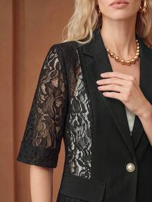 Daynim Sheer Black Blazer Jacket For Women, Lightweight Summer Casual Office Top, Short Petite 3/4 Sleeve Suit Spring - Black - View 6