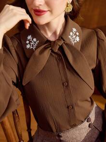 Vintamour Vintage Elegant Women's Blouse With Ditsy Floral, Embroidery, Bow Tie, Turn-Down Collar, Buttons, Casual Commute Holiday Festival Top - Brown - View 4
