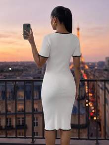 SHEIN Lady CURVE Plus Size Women's Colorblock Casual 1950s Vintage Elegant Traditional Office Formal Party Evening Knit Dress Teachers' Day Black And White Summer - Black and White - View 2