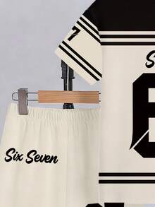 SHEIN Explorewe 2件組男孩休閒時尚數字67條紋黑米色字母印花短袖T恤與短褲套裝，舒適夏季日常穿著 - 彩色 - 查看 6