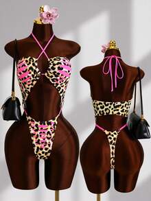 Swim SXY Sexy Leopard Print Cutout Spaghetti Strap One-Piece Swimsuit Beach Club Party Pink Leopard Print Summer - Multicolor - View 8