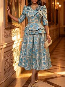 Fleurora Plus Size Elegant 1920s Party Formal Mother Of The Bride Wedding Guest Jacquard Top And Skirt Two Pieces Set Royal Blue Autumn Women's Set Fall - Blue - View 2