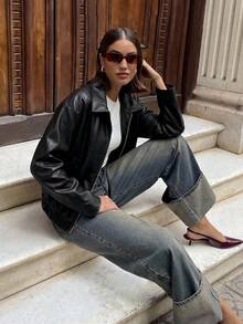 Aloruh Fashionable & Versatile Commuter Ancla Red PU Jacket In Fall/Winter - Black - View 5
