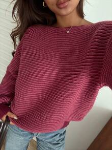 DAZY Women's Striped Loose Asymmetrical Shoulder Long Sleeve Casual Vacation Spring Autumn Pullover Knit Sweater - Hot Pink - View 5