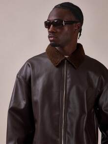 Musero Oversized Drop Shoulder P.U Biker Jacket With Contrast Borg Collar Zipper Fastening Spring Summer Essentials - Brown - View 5