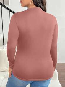 SHEIN Frenchy Plus Size Mock Neck Ruched Slim Fit Tee Fall - Dusty Pink - View 5