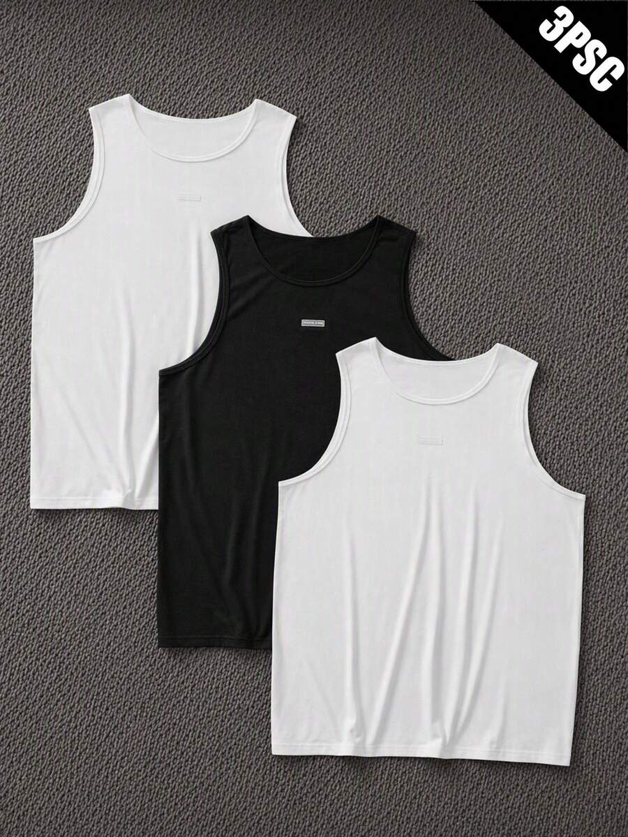 Manfinity VCAY Men's White Round Neck Casual Versatile Tank Top 3 PiecesSet - Black and White - View 1