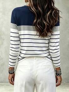EMERY ROSE Women's Casual Striped Round Neck Long Sleeve T-Shirt, Versatile For Daily Wear, Summer - Multicolor - View 2
