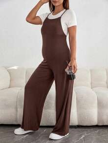 SHEIN Maternity Solid Color Wide Leg Loose Casual Overalls - Brown - View 5