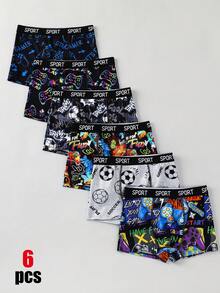 SHEIN 6件組買2送2兒童青少年男孩內褲套組，簡約舒適遊戲手把圖案塗鴉字母鬆緊腰平口內褲，4件組，黑色內褲、紅色內褲、藍色內褲，適合春夏秋冬 - 彩色 - 查看 5