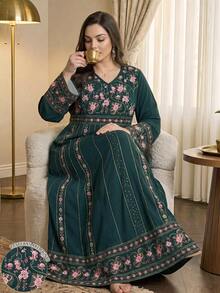 SHEIN Najma 女款花卉條紋蕾絲印花大尺碼洋裝，春秋時尚V領長袖寬鬆長版長洋裝，花卉圖案深綠色阿拉伯風服飾 - 彩色 - 查看 1