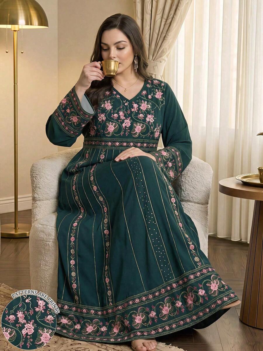 SHEIN Najma 女款花卉條紋蕾絲印花大尺碼洋裝,春秋時尚V領長袖寬鬆長版長洋裝,花卉圖案深綠色阿拉伯風服飾 - 彩色 - 查看 1
