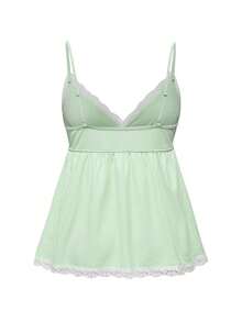 ROMWE Women's Summer Contrast Lace Camisole Top And Shorts Pajama Set - Green - View 6