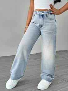 SHEIN Celana Jeans Kasual Anak Perempuan Remaja Warna Biru Muda dengan Potongan Lebar - Biru - View 4