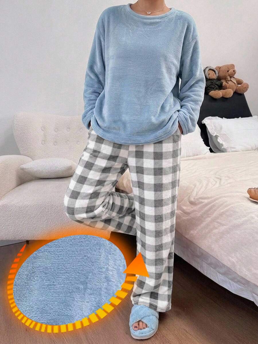 DAZY Autumn/Winter Flannel Solid Color Loose Long Sleeve Top & Plaid Long Pants 2-Piece Women's Pajama Set - Blue - View 1