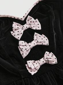 Sweetness Autumn/Winter Black Velvet & Pink Polka Dot Bow 3D Decor Patchwork Satin Ribbon Halter Neck Women's Mini Dress - Black - View 3